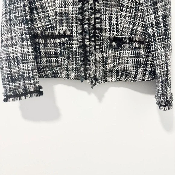 Spenser Jeremy Womens Tweed Blazer Jacket Black Gray White Fringe Open Front - Picture 3 of 9